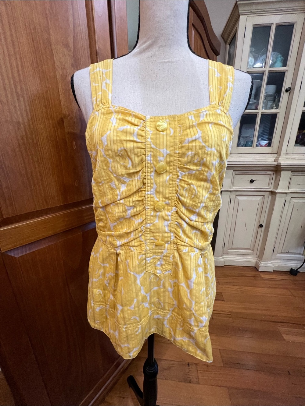 Marc by Marc Jacobs Yellow Ruched Button-Front Tank with White Floral Print